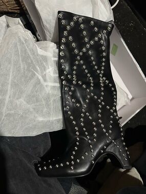 Black Studded Mid-Calf Heeled Boots